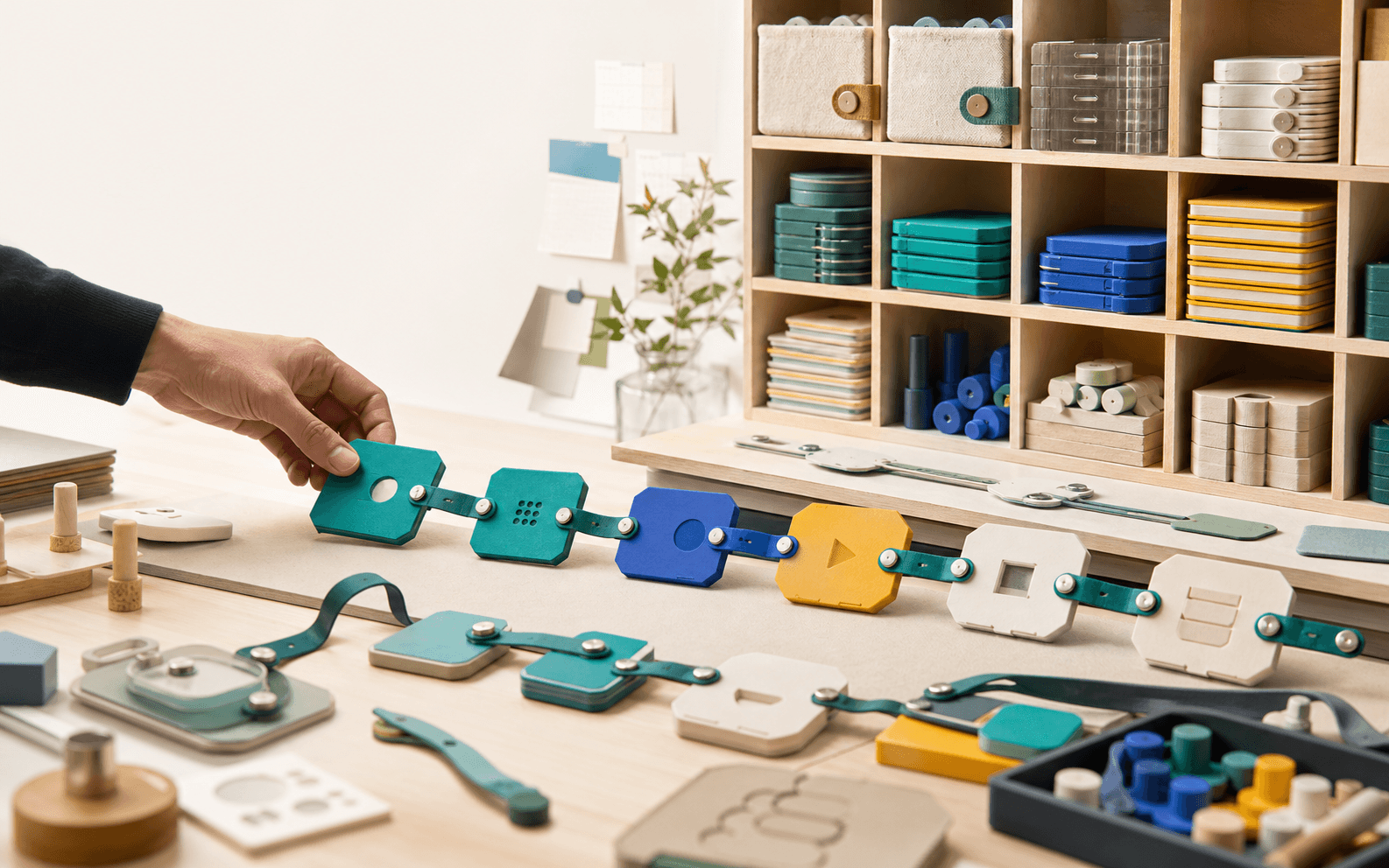 Szenische Darstellung eines Werkstattregals mit steckbaren Workflow-Modulen, die zu einer kontrollierten Prozesskette verbunden werden.